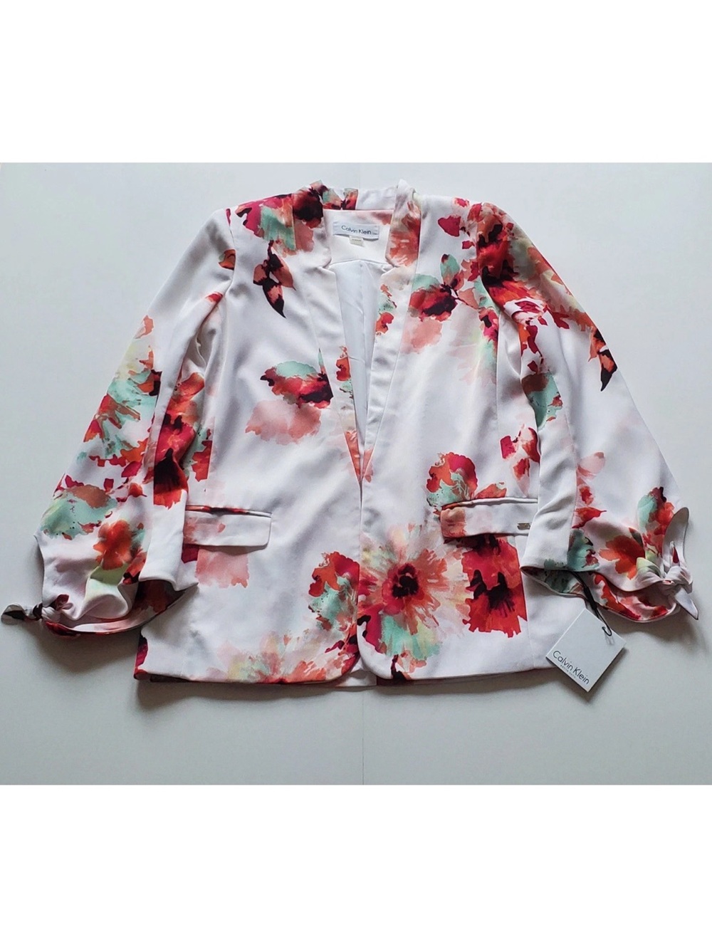 Calvin Klein White Floral Print Open-Front Blazer